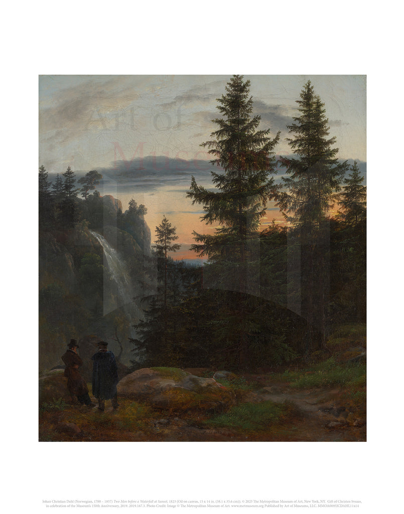 Two Men before a Waterfall at Sunset